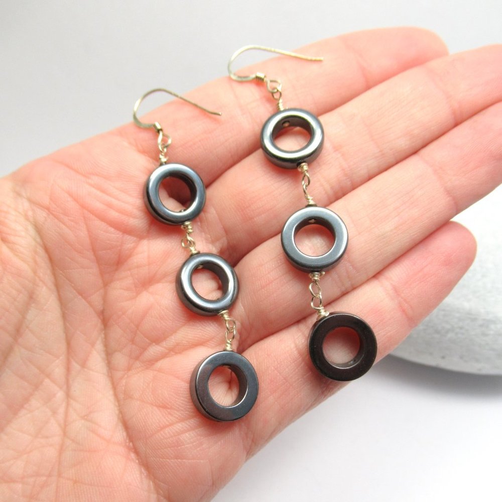 Sterling Hematite Donut earrings - Picture 3 of 8